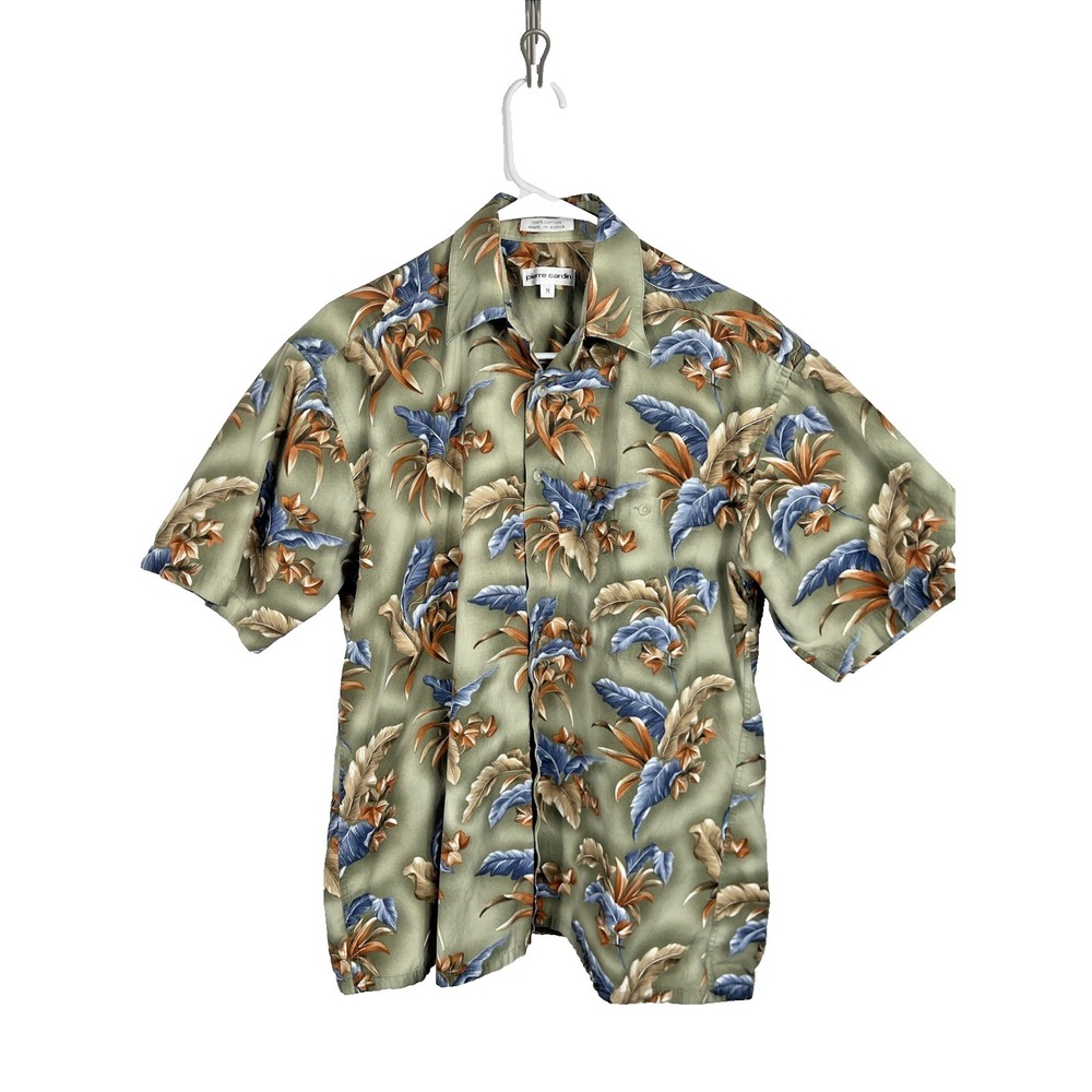 Pierre Cardin Hawaiian Shirt Size Medium‎ 100% Cotton Green/Blue/Brown Floral